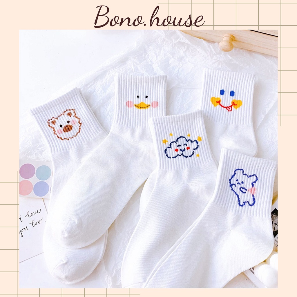 Tất vớ cotton nữ cổ cao trắng in hình mặt cười dễ thương 5 mẫu CD13