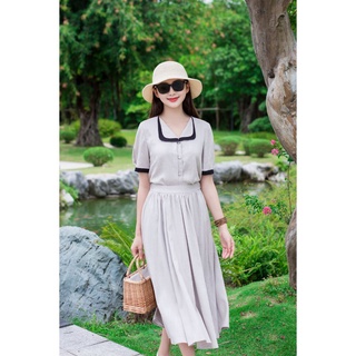 Set váy áo linen nữ elvax áo sơ mi đen phối xám cổ v bẻ, váy xám suông xoè chất lượng linen gân xước