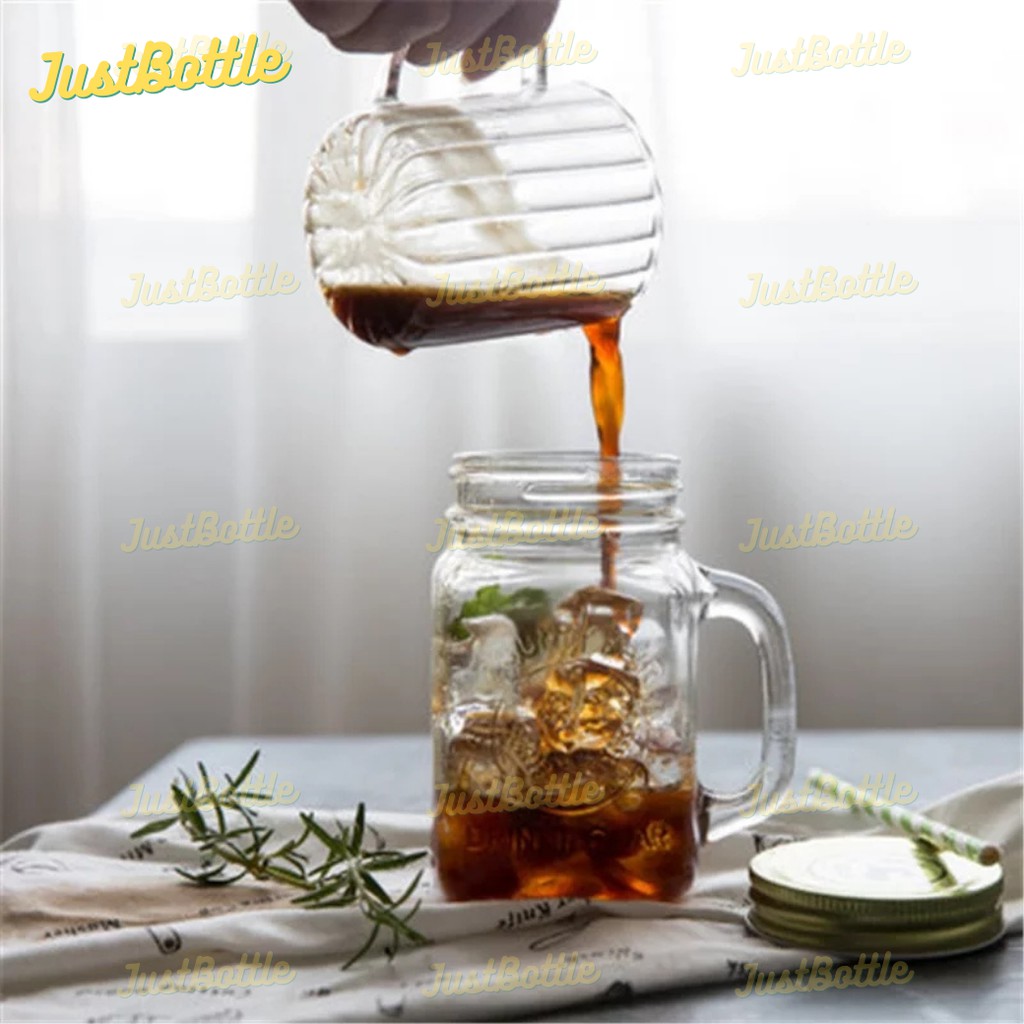 LY THỦY TINH CÓ QUAI có nắp đậy 470ml - Cốc uống trà sữa bia cafe hàng nhập khẩu