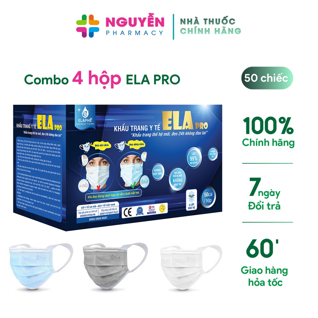 Combo 4 hộp khẩu trang y tế 4 lớp Ela Pro - Đeo không đau tai suốt 24h