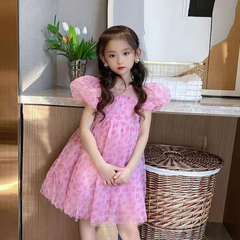 Đầm Công Chúa Tay Ngắn Phối Lưới Se7en Cho Bé Gái