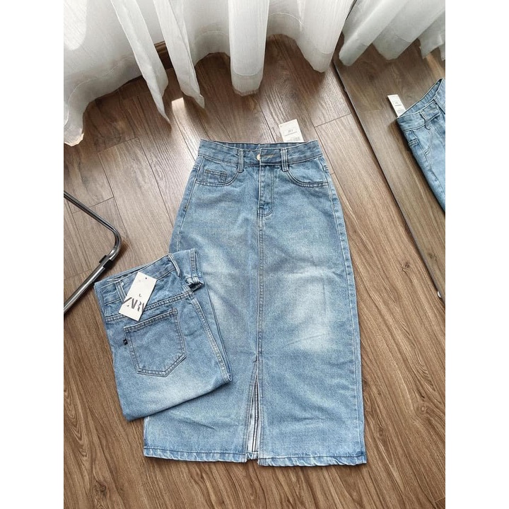 Chân váy jeans xanh dáng lửng