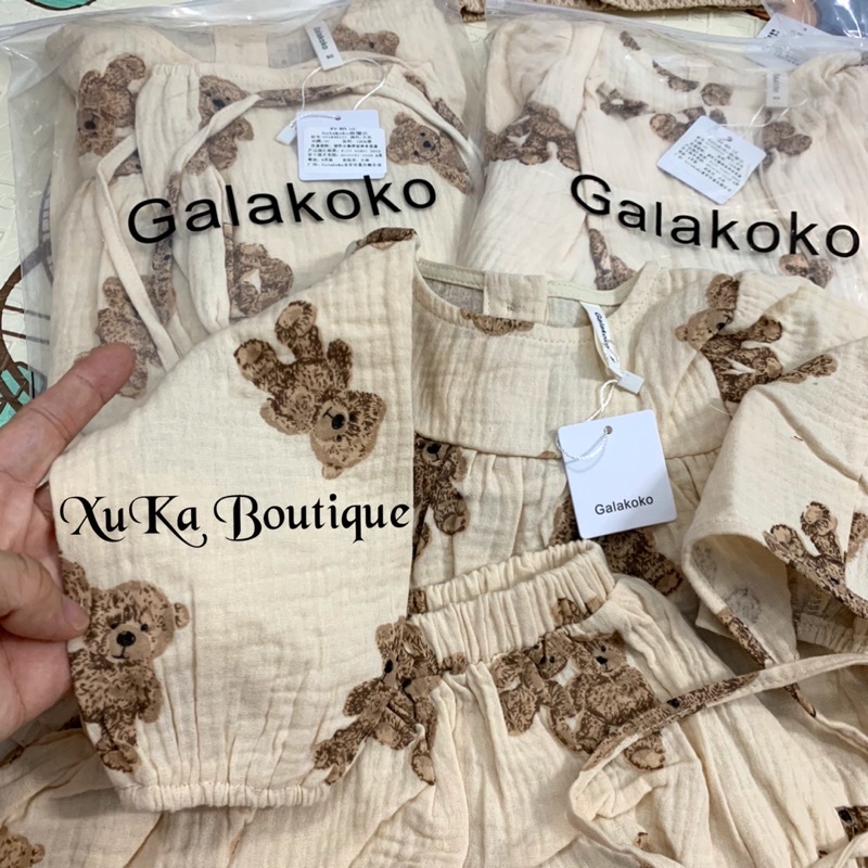 Bộ Quần Áo Dài Tay Kèm Mũ Bé Gái 0-2 Tuổi Hình Gấu Vải Đũi Galakoko Chính Hãng Style Hàn Quốc Cực Đẹp