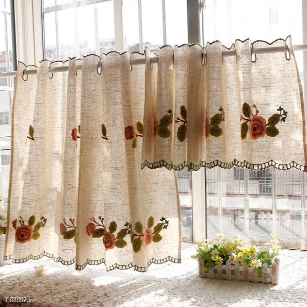 Rèm ngắn vải cotton pha thêu họa tiết trang trí nhà bếp quán cà phê