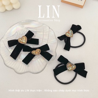 Thun cột tóc buộc tóc nơ lin đính trái tim sang trọng