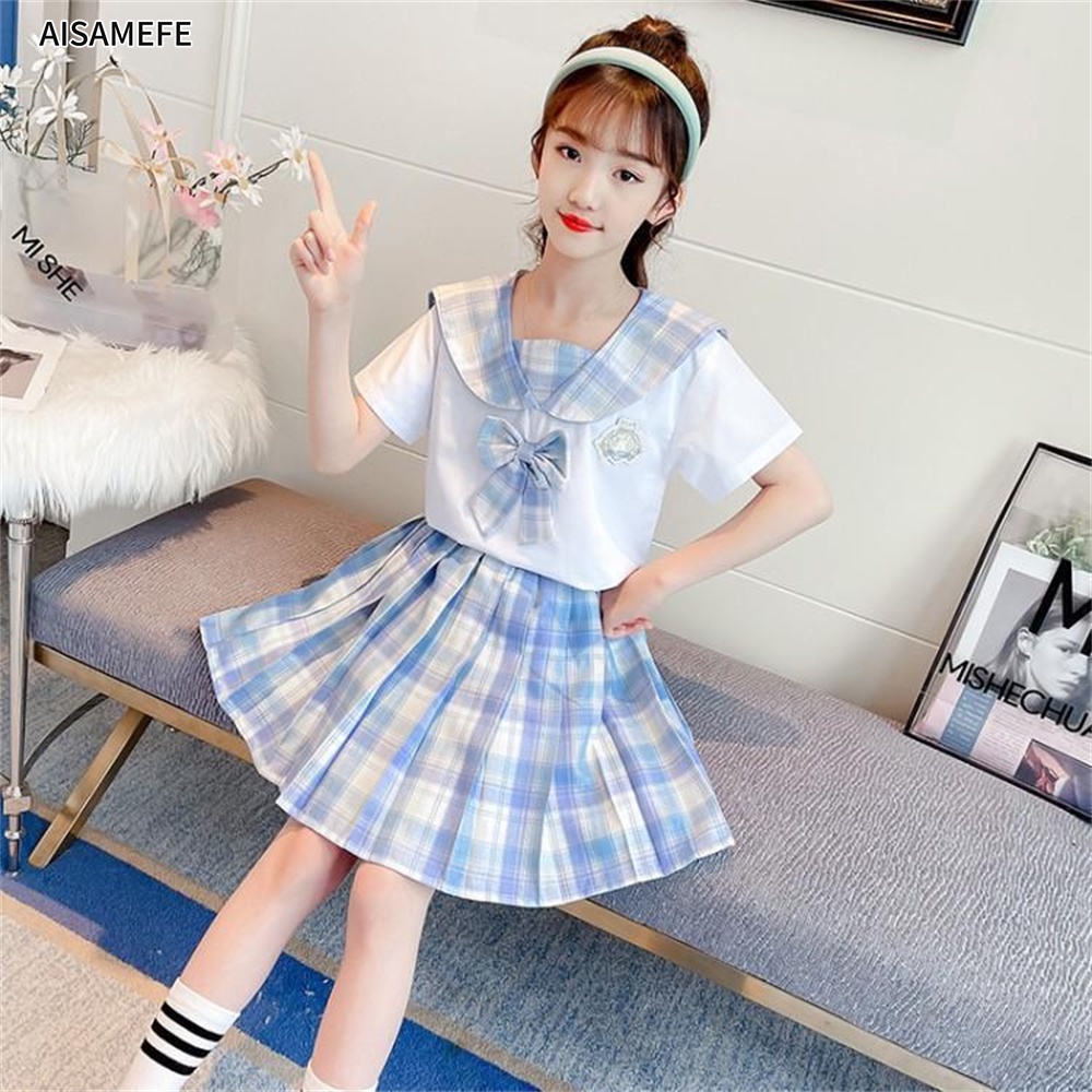 Bộ đồng phục nữ sinh Nhật Bản 2021 gồm áo thun cổ áo + chân váy xếp ly cho bé gái 3-15 tuổi
