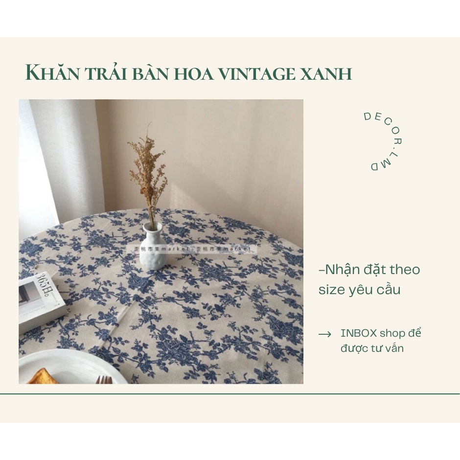 Khăn trải bàn vintage hoa xanh, khăn picnic, khăn nền chụp ảnh sản phẩm