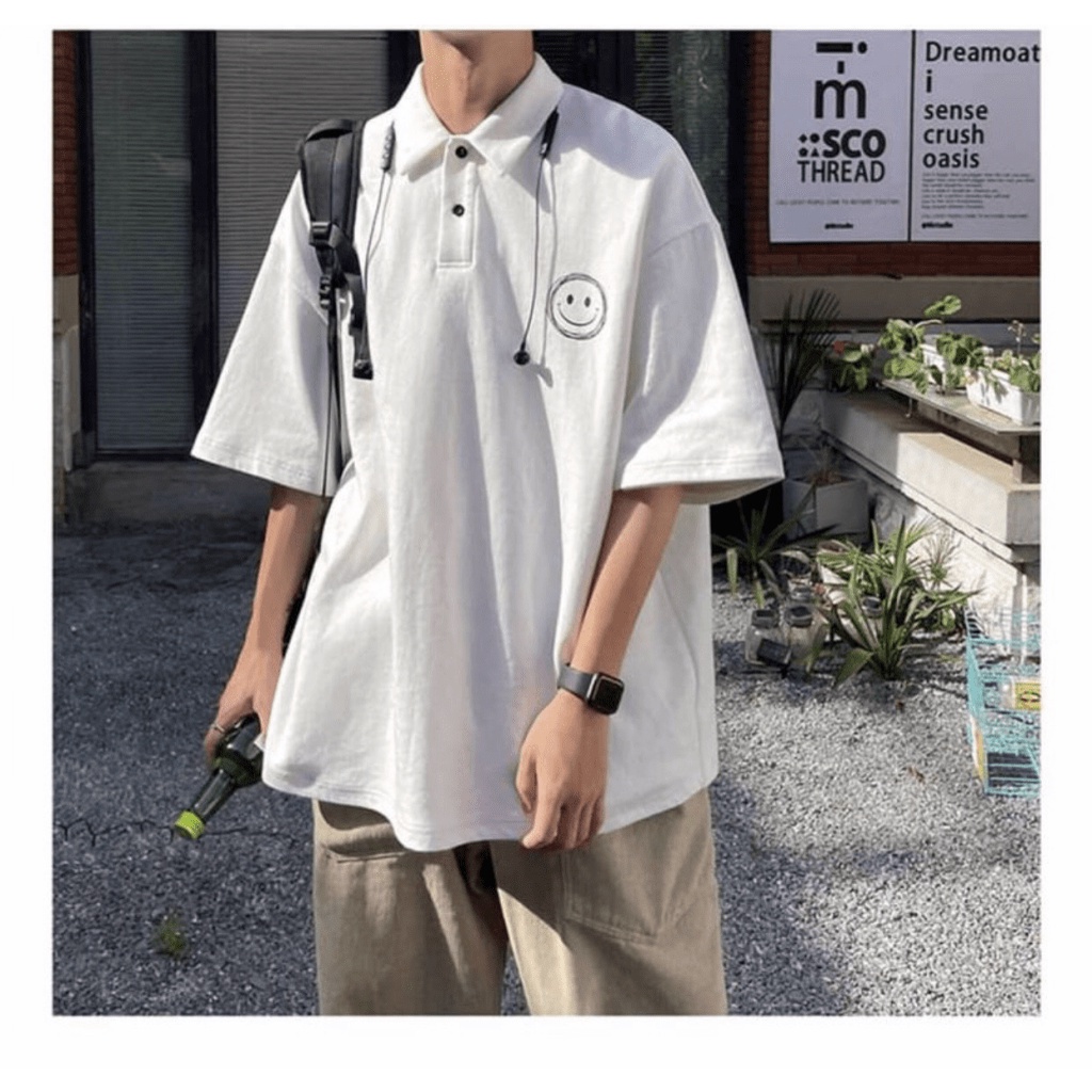 (Free Ship) MẤU HOT -- ÁO THUN CÓ CỔ OVERSIZE NAM IN HÌNH MẶT CƯỜI ĐƯỢC NHIỀU NGƯỜI ƯA THÍCH Shop VLTN