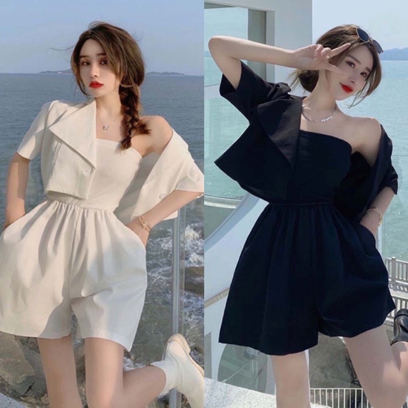 Bộ Jumpsuit Nữ Siêu Xinh Quần Short Kèm Áo Khoác Đũi 🦋 Set Jum Nữ Mùa Hè Áo Quây Kèm Áo Khoác Hai Màu So Hot | BigBuy360 - bigbuy360.vn