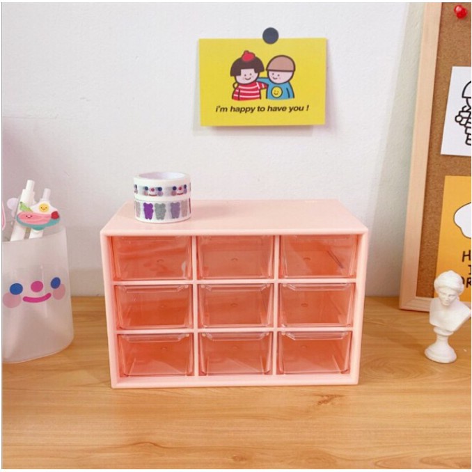 Tủ nhựa 9 ngăn trong suốt đựng đồ bàn học tiện lợi tặng kèm sticker