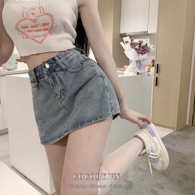 Cocory vn Chân Váy Jeans Ngắn Lưng Cao Phong Cách Cổ Điển Thời Trang Cho Nữ