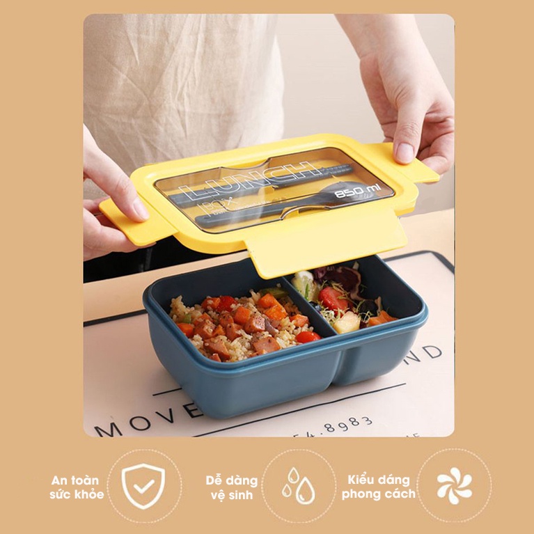 Hộp Cơm Giữ Nhiệt Văn Phòng DK HARVEST 850ml - Bento 2 Ngăn Phong Cách Nhật - [ TẶNG KÈM ĐŨA VÀ THÌA ]