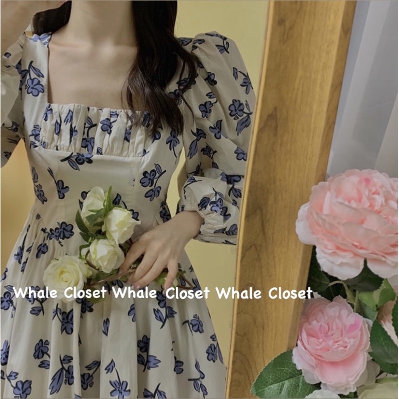 -Đầm váy hoa xanh cổ vuông tay bồng dáng bí siêu vintage nàng thơ | BigBuy360 - bigbuy360.vn