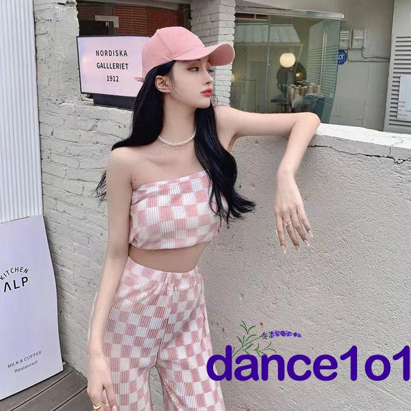 ♀Nc✭Set Áo Ống Họa Tiết Sọc Caro + Quần Dài Lưng Cao Ống Rộng Năng Động Thời Trang Dành Cho Nữ