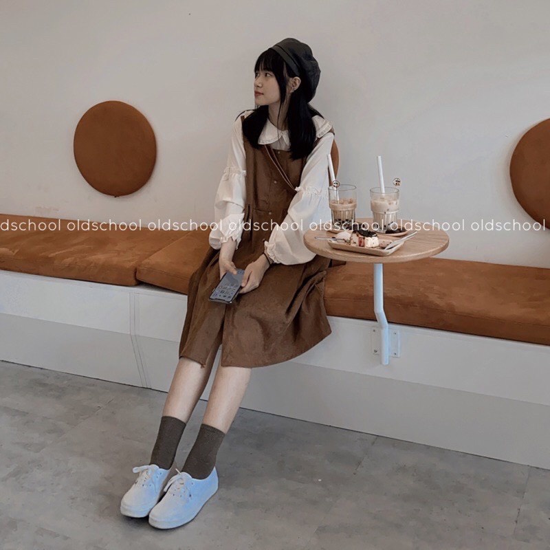 Set yếm babydoll nhung nâu kèm áo bèo ulzzang - Set váy babydoll kèm áo cổ bèo rời