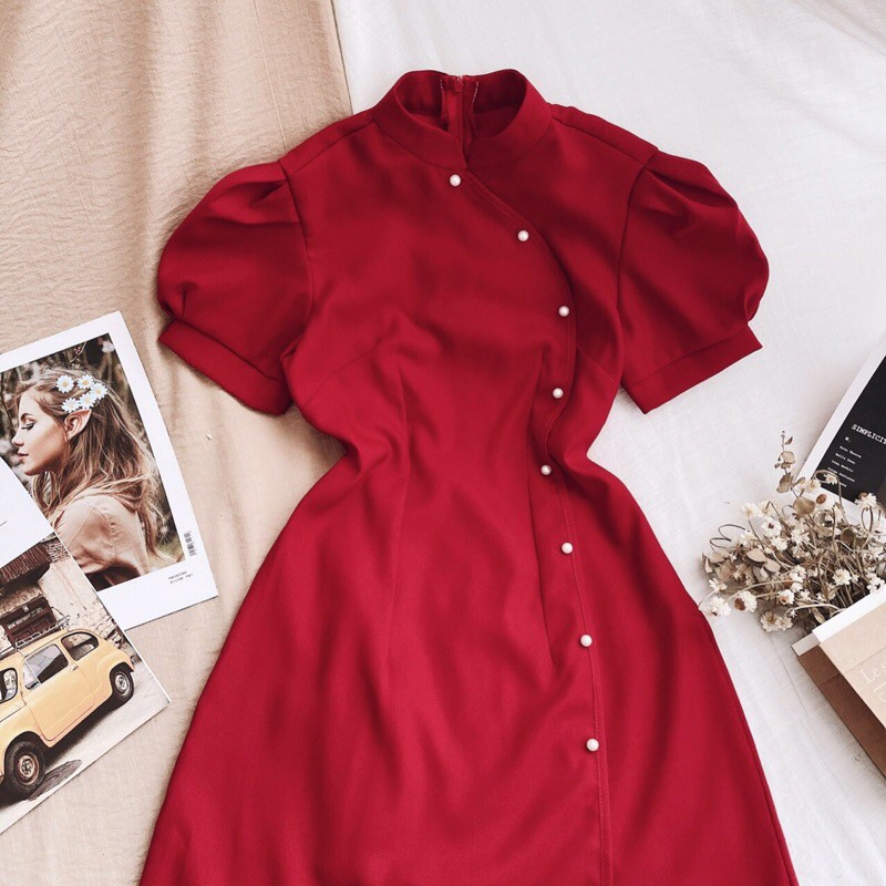 Đầm đỏ cổ tàu nút lệch | BigBuy360 - bigbuy360.vn