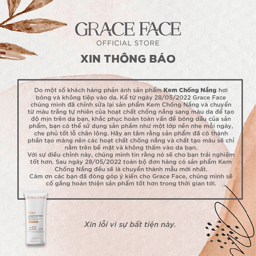 Kem chống nắng bảo vệ da Grace Face giúp kiềm dầu kháng nước UV Protection Cream 50ml