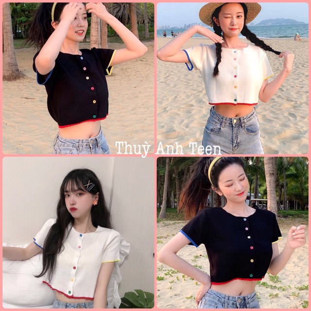 [Mã FASHIONT4WA2 giảm 10K đơn 50K] Áo Croptop thun giấy phối viền cúc cầu vồng