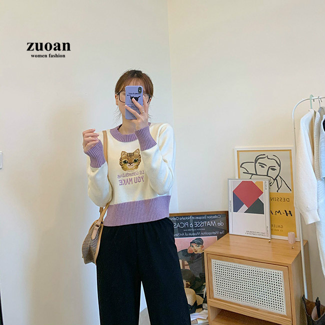 Áo dệt kim nữ SUXI dài tay cổ tròn thời trang hàn