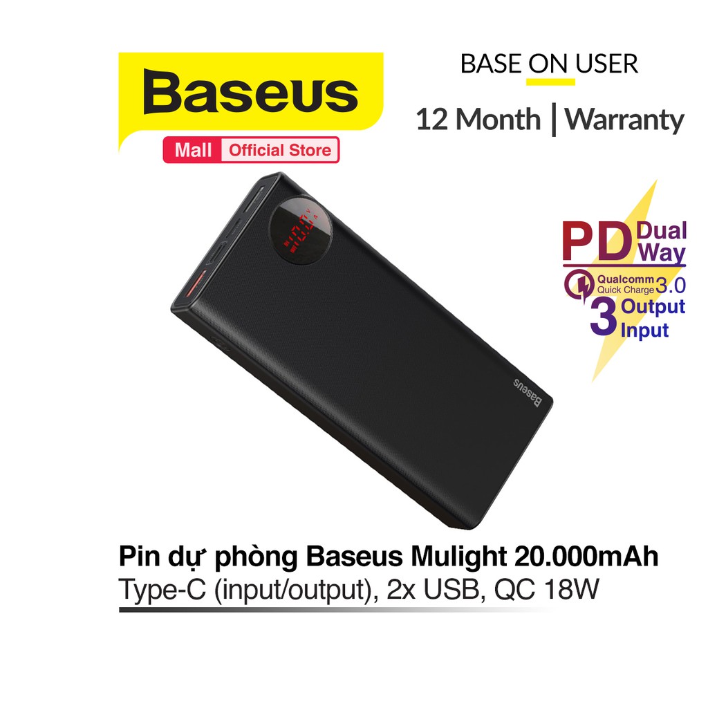 Pin dự phòng Baseus Mulight Quick Charger 20000mAh sạc nhanh cổng PD 3.0 2 chiều và Qualcomm QC 3.0 màn hình LCD báo Pin