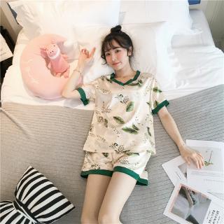 Bộ Đồ Ngủ Vải Lụa Tay Ngắn Cổ Chữ V Thời Trang Mùa Hè Cho Nữ