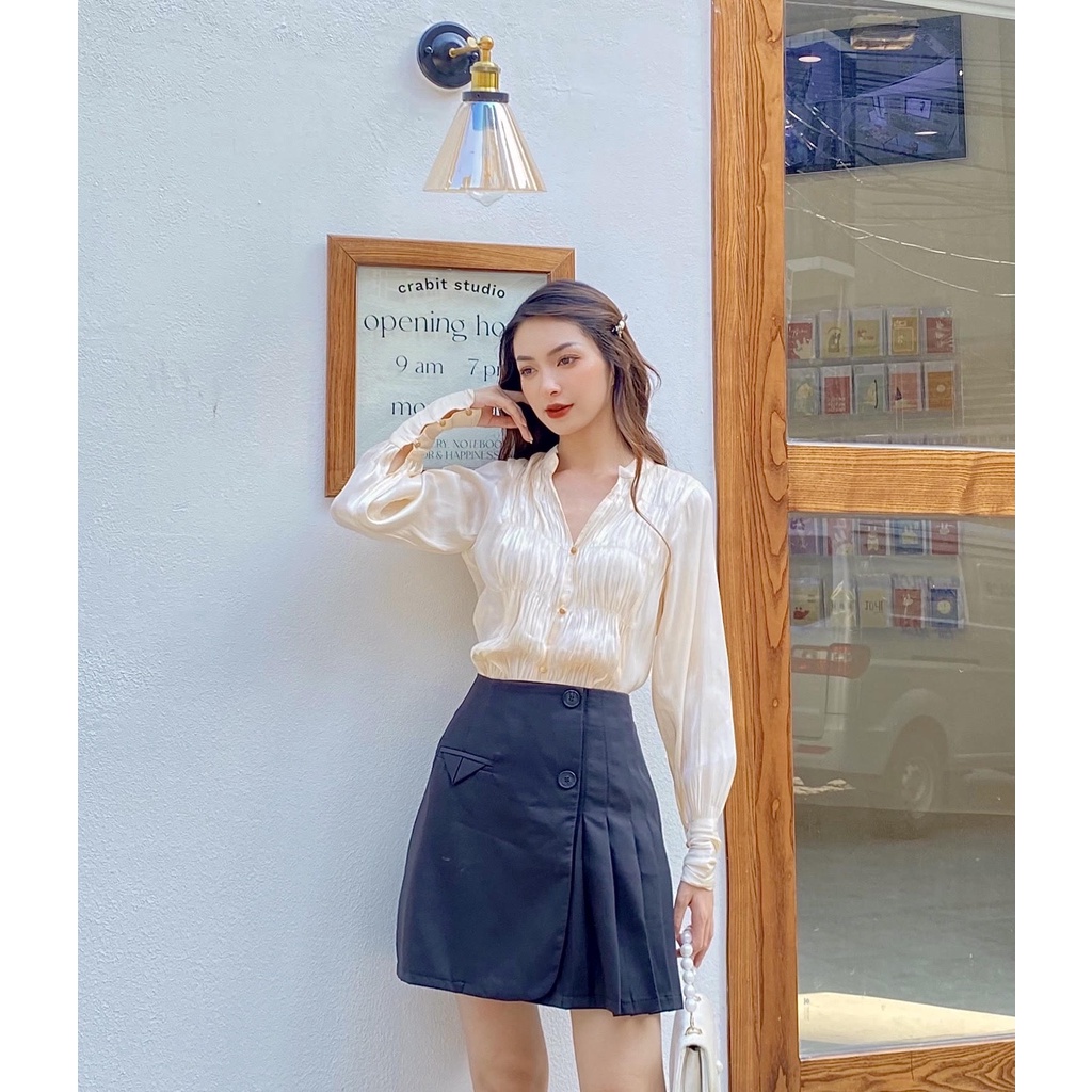 Áo sơmi lụa ánh kim bèo nhún ngực
