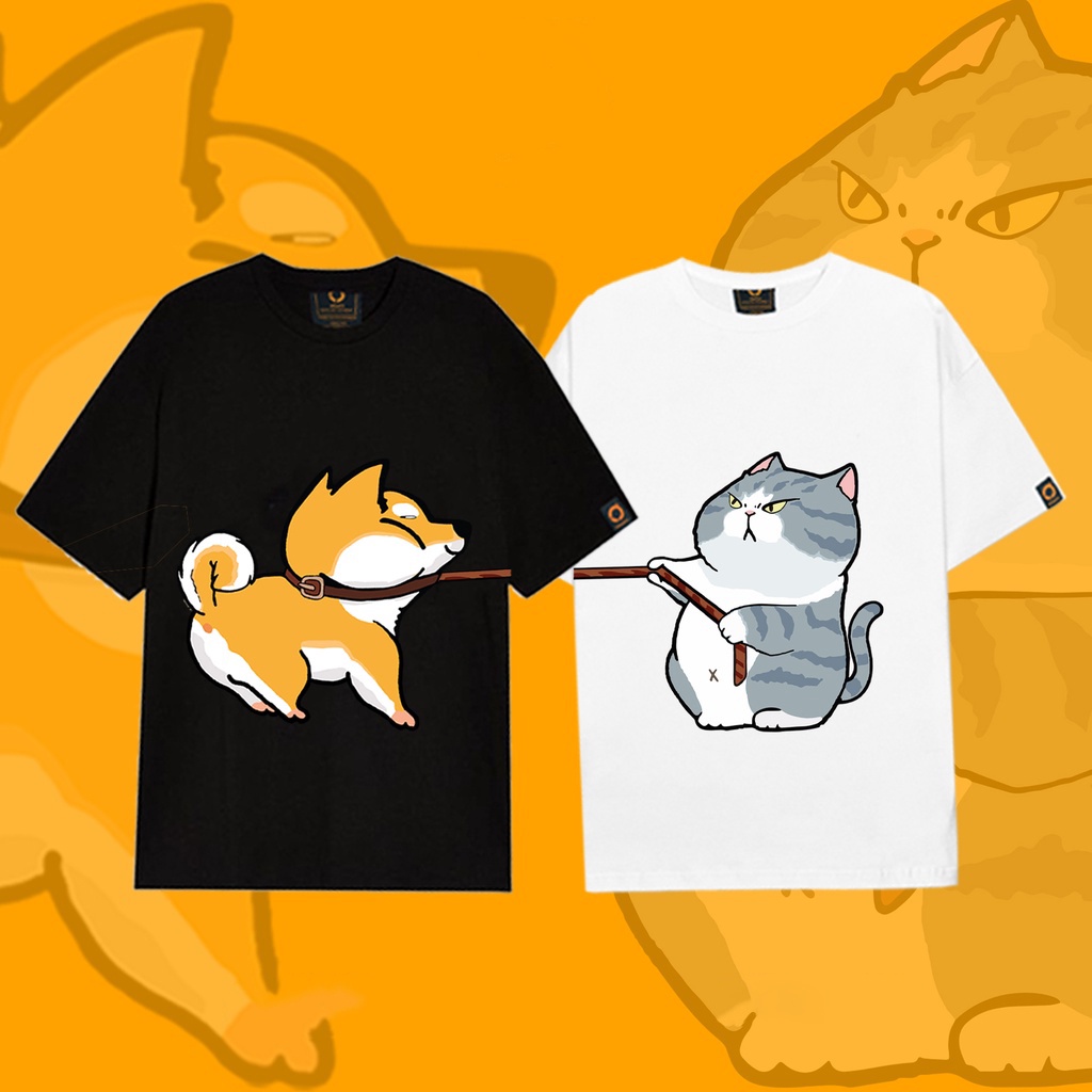 Áo Thun Cặp Đôi In Hình Chó Mèo Kéo Dây Siêu Dễ Thương, Áo Phông Unisex Nam Nữ