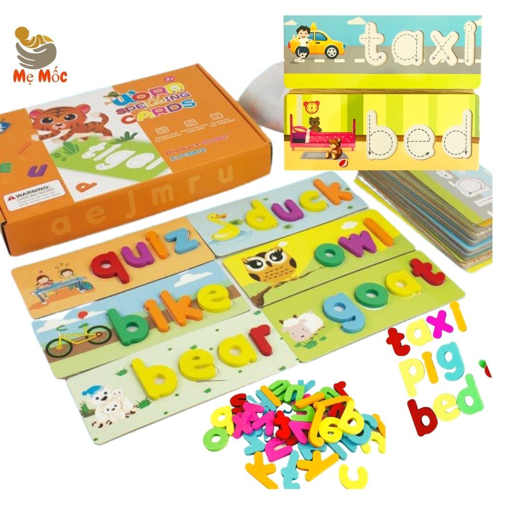 Spelling Game-Ghép Chữ Tiếng Anh, thẻ Flascard Khắc Chữ Chìm Cho Bé Sờ, Ghép, Kèm 52 chữ Cái Gỗ - Đồ Chơi Gỗ Thông Minh