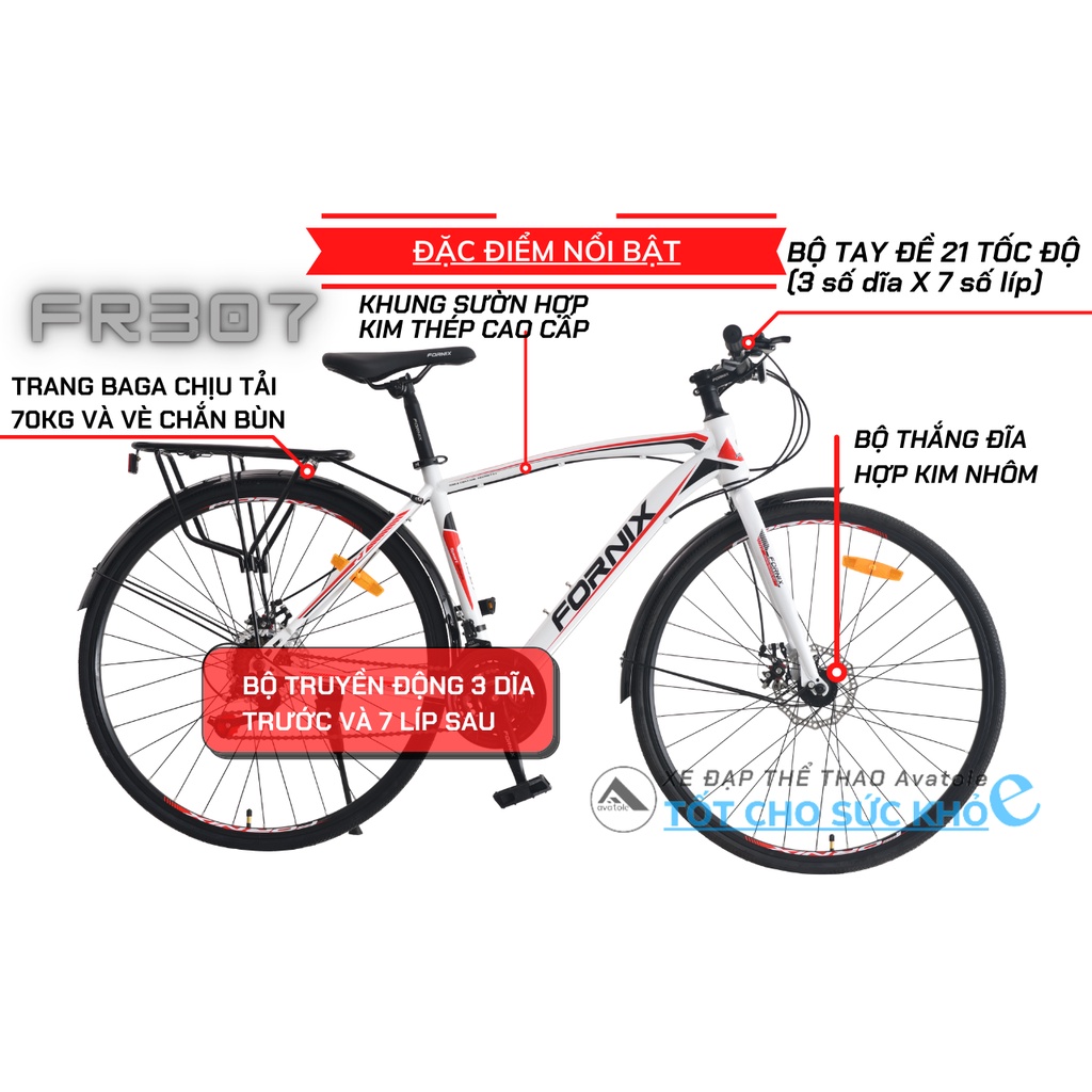 Xe đạp touring Fornix FR307, Khung sườn hợp kim thép, Bộ truyền động 21 tốc độ, Trang bị BAGA và VÈ, Màu đỏ đen trắng