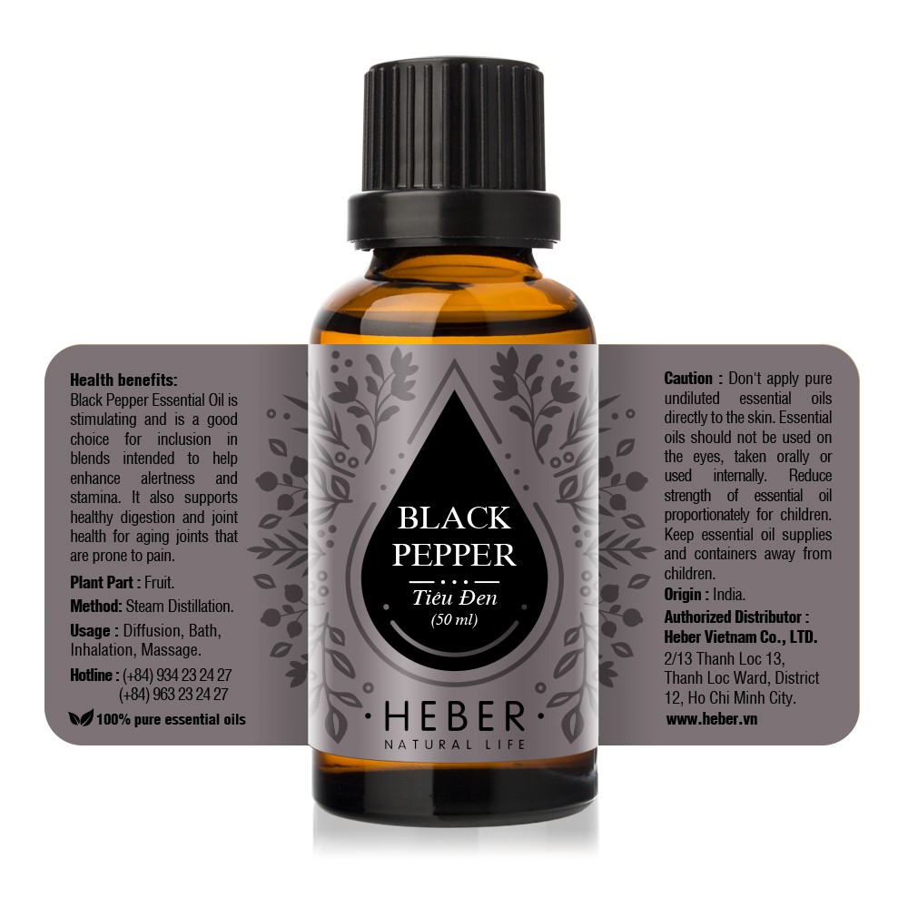 Tinh Dầu Tiêu Đen Black Pepper Heber Natural Life, Cao Cấp Nhập Khẩu, Thiên Nhiên Nguyên Chất, Chai 10ml/30ml/50ml