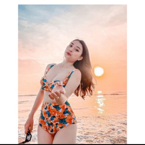 Sét bikini đi biển họa tiết hoa cam kèm khăn KONKUN MS115