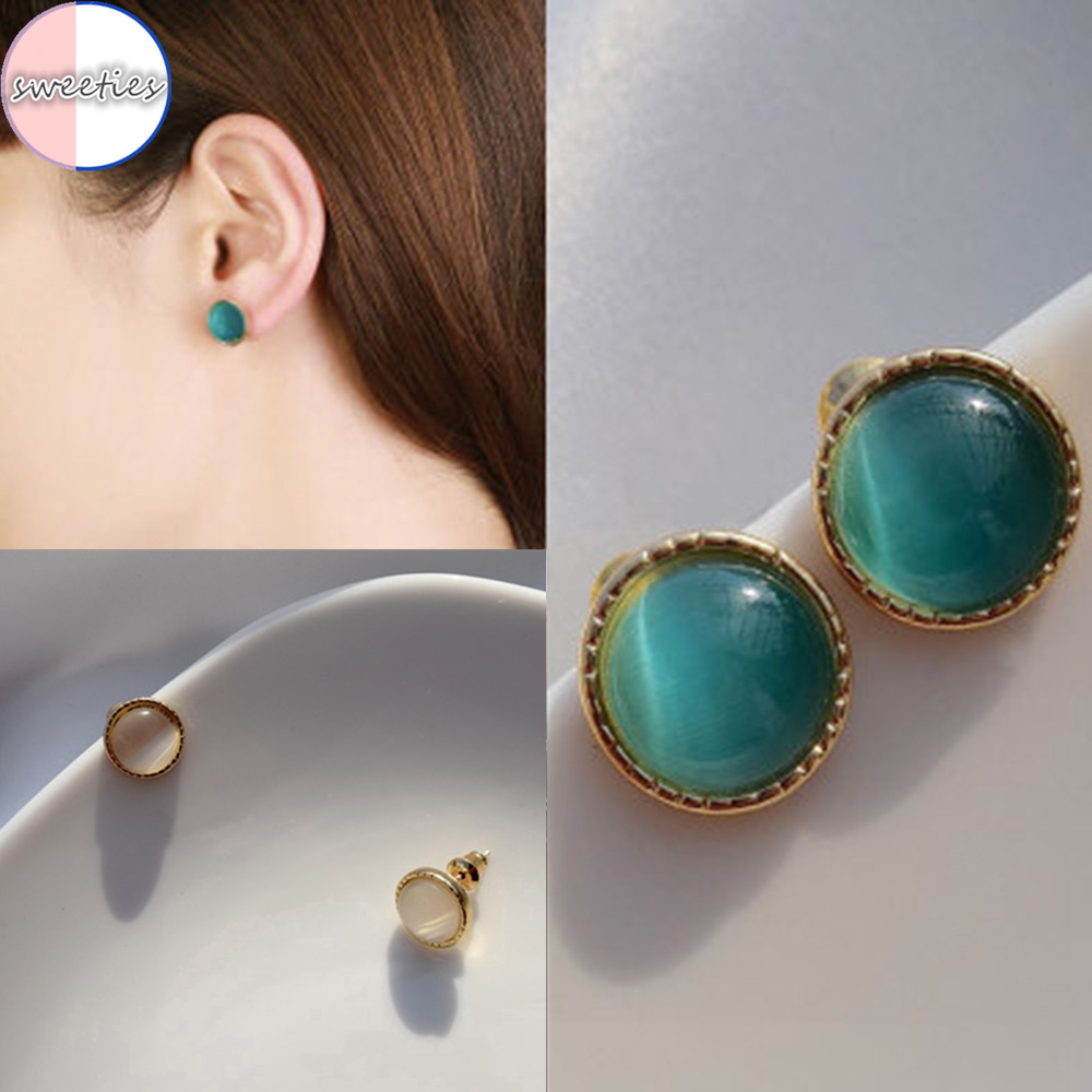 Đôi Hoa Tai Dáng Tròn Đính Đá Mắt Mèo Phong Cách Retro