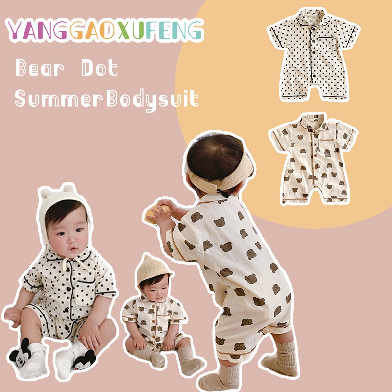 Bộ Đồ Ngủ Liền Thân Tay Ngắn Họa Tiết Chấm Bi In Hình Gấu Dễ Thương Dành Cho Bé