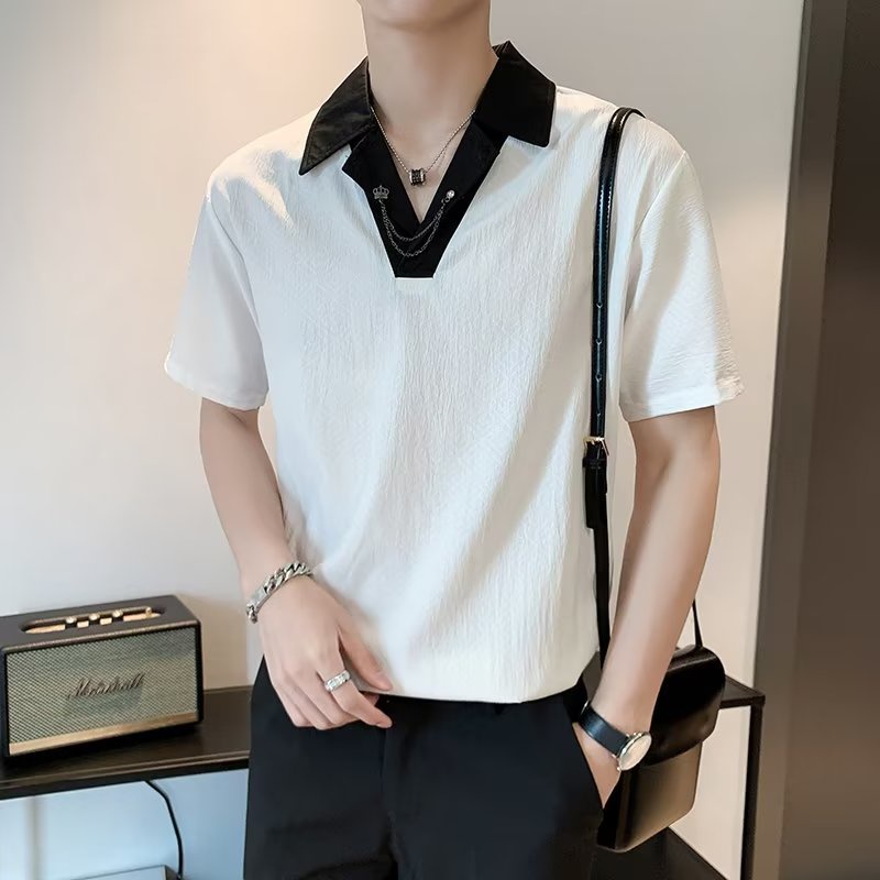 Áo Thun Polo Mùa Hè Tay Lửng Dáng Rộng Màu Tương Phản 2 Màu Sắc Hợp Thời Trang Dễ Phối Đồ Cho Nam Giới Có Size M-2XL