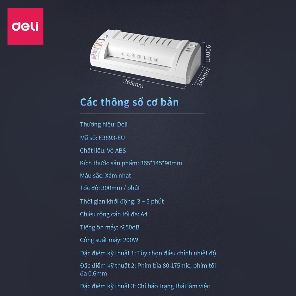 Máy Ép Plastic Deli Chính Hãng Chuyên Dụng - Khổ A4/A5/B5 - An Toàn Và Dễ Dàng Sử Dụng - Ép Màng Ảnh, Poster E3893-EU
