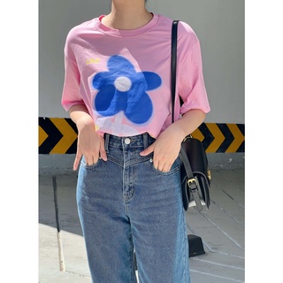 Áo thun cotton nữ tay lỡ oversize in hình bông hoa thời trang GAGO màu hồng GA3945