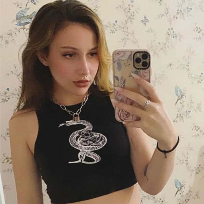 Brroa Áo Thun Crop Top Không Tay Có Gân In Họa Tiết Hoa Hồng Rắn Phong Cách Punk Gothic Harajuku Vintage Dành Cho Bạn Nữ