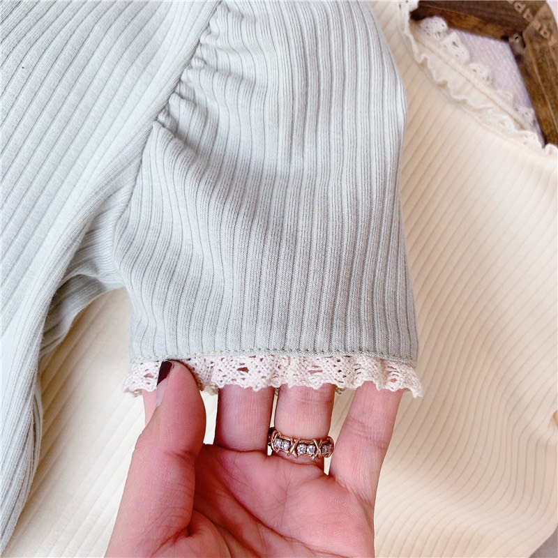 Áo thun tăm viền ren trẻ em bé gái cotton kiểu Hàn dễ thương 10-30kg ko