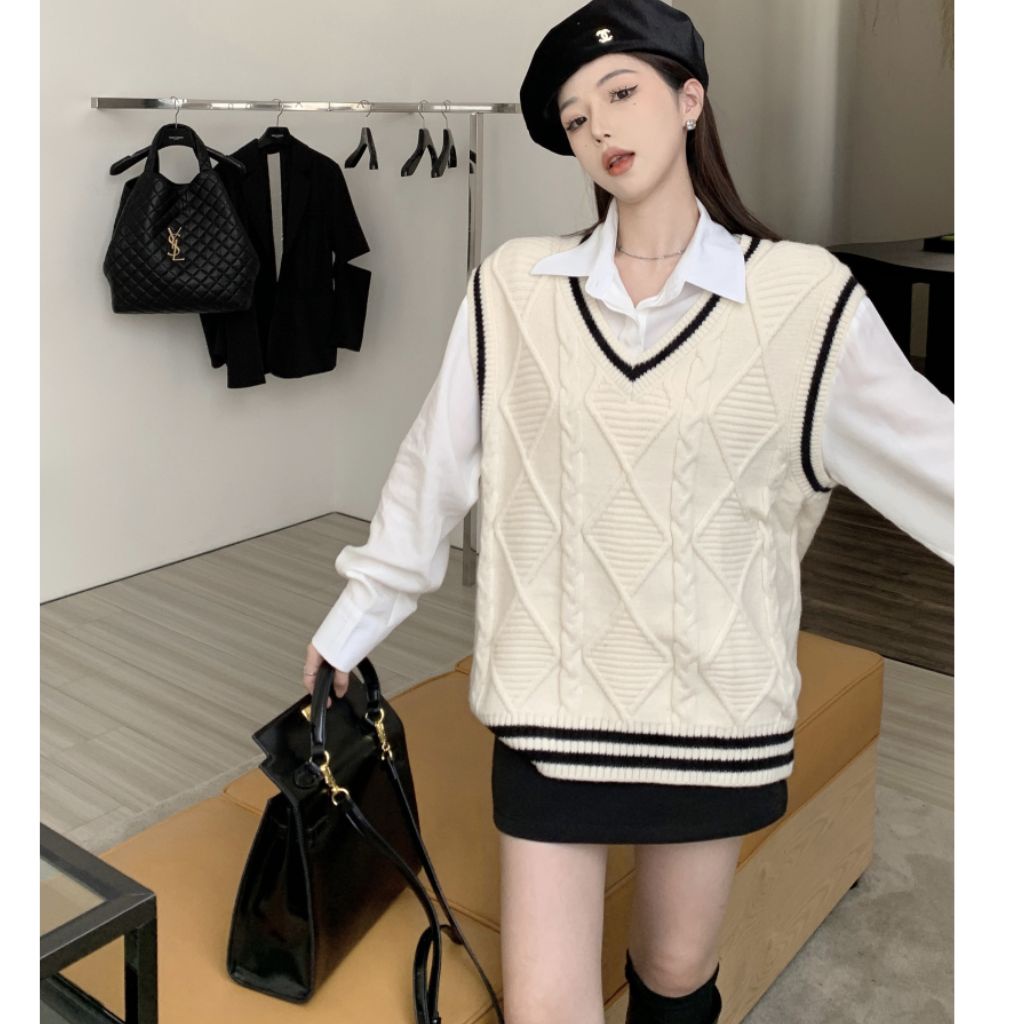 Áo gile nữ viền sọc dáng rộng freesize, áo len gile màu kem, ghi hàng cao cấp order Taobao nhà oanhdilys