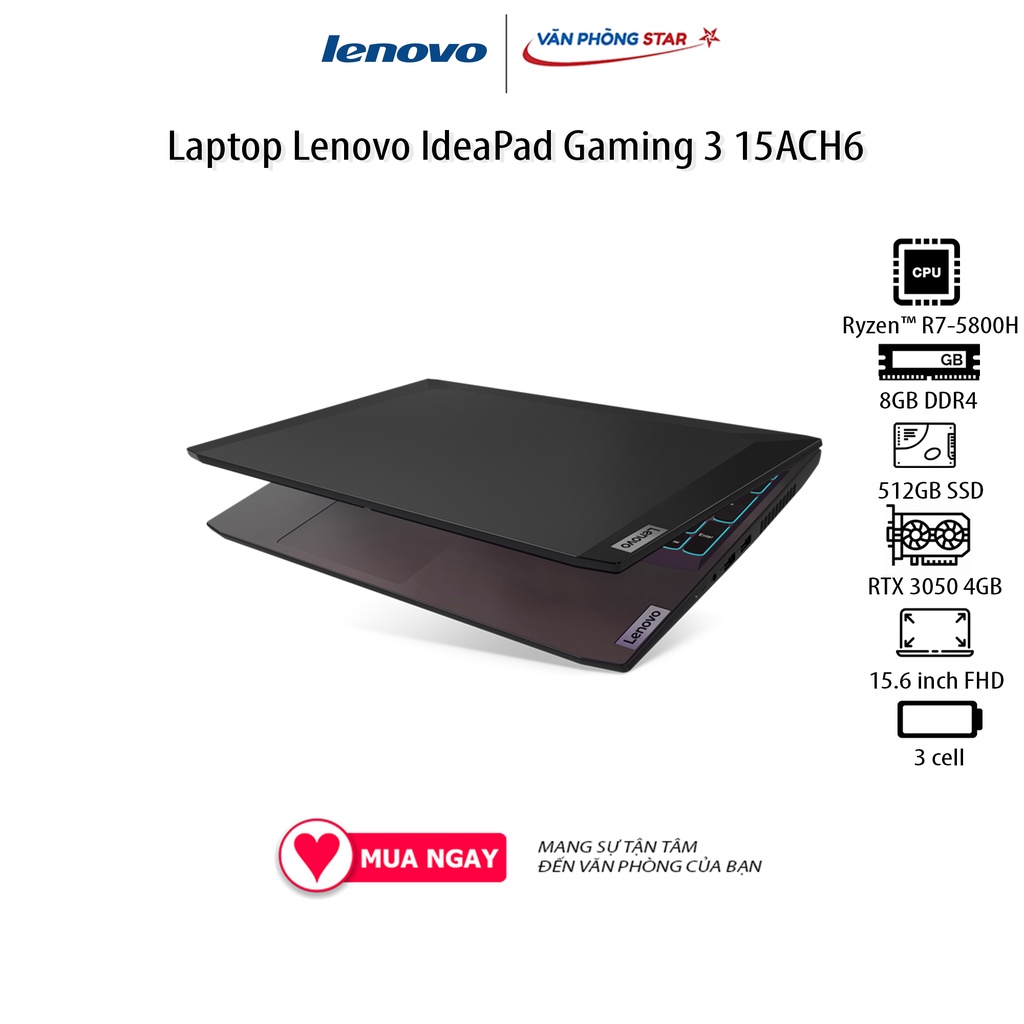 Laptop Lenovo IdeaPad Gaming 3 15ACH6 (82K2008VVN) (R7 5800H/8GB RAM/512GB SSD/15.6 FHD/RTX 3050 4GB/Win11/Đen)