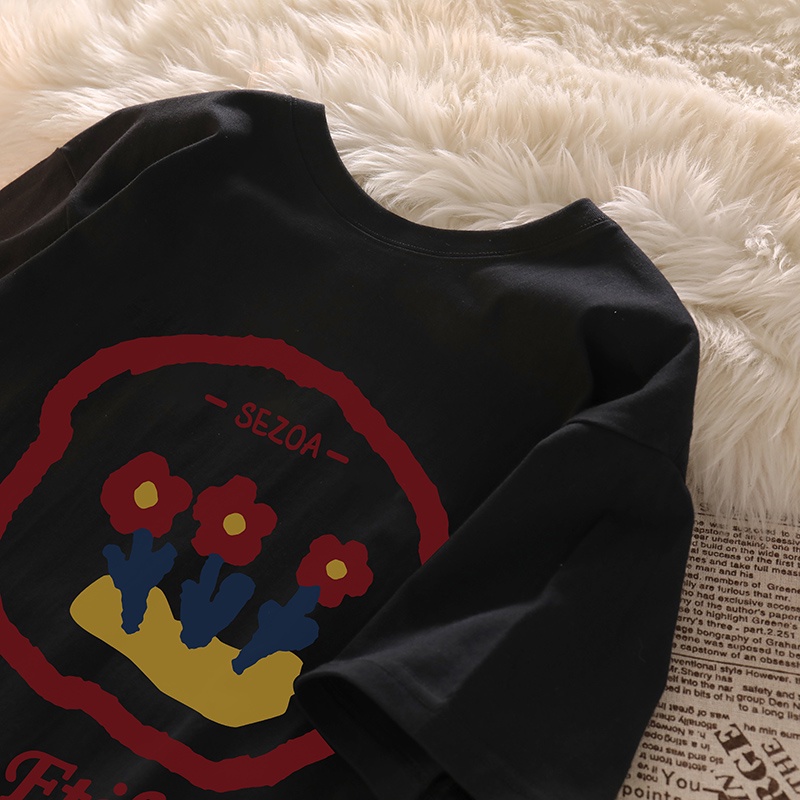 Áo thun Xiaozhainv ngắn tay cổ tròn dáng rộng in họa tiết cá tính cho nữ