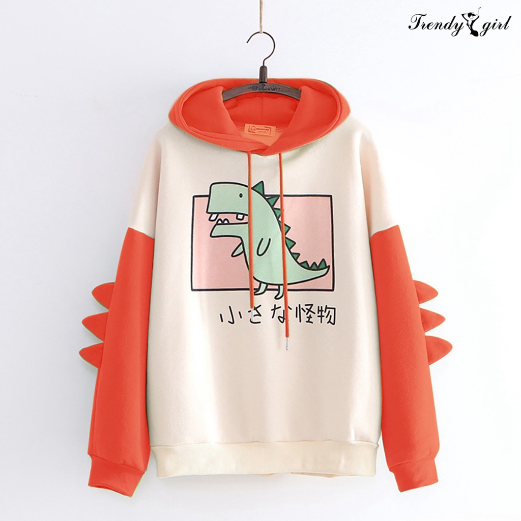 Áo Hoodie Cotton Pha Tay Dài In Họa Tiết Khủng Long Cho Bé Gái