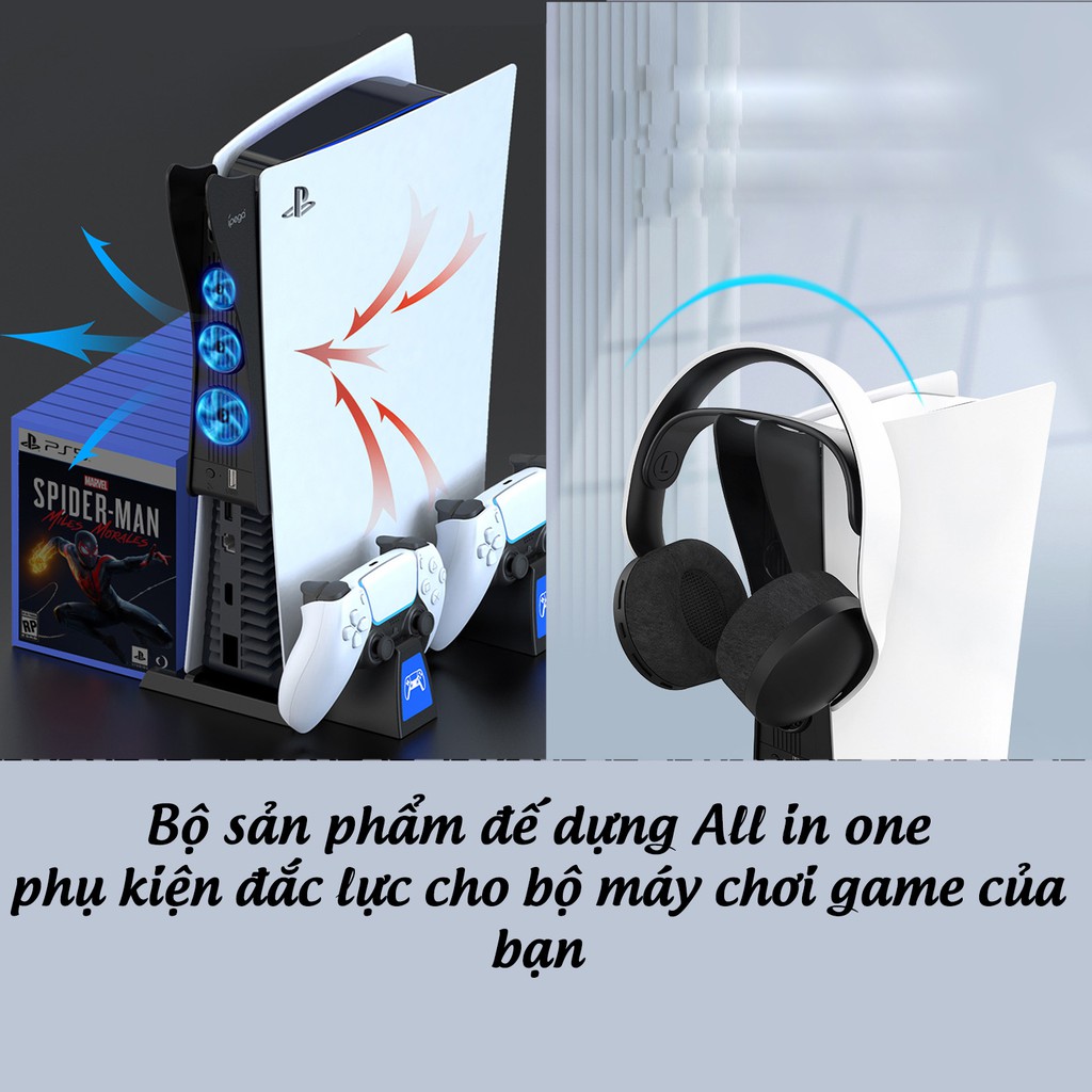 Đế đứng máy PS5 kèm dock sạc tay cầm, móc treo tai nghe, khay đựng đĩa, tản nhiệt máy PS5