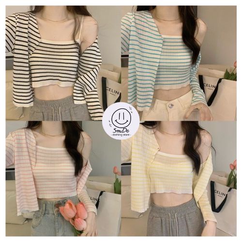 Set Áo 2 Dây + Khoác Dài Tay Sọc Ngang Smide Clothing