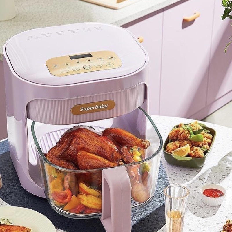 Nồi chiên không dầu khay thuỷ tinh trong suốt SUPERBABY 4.5L  màu tím/xanh bảo hành 12 tháng