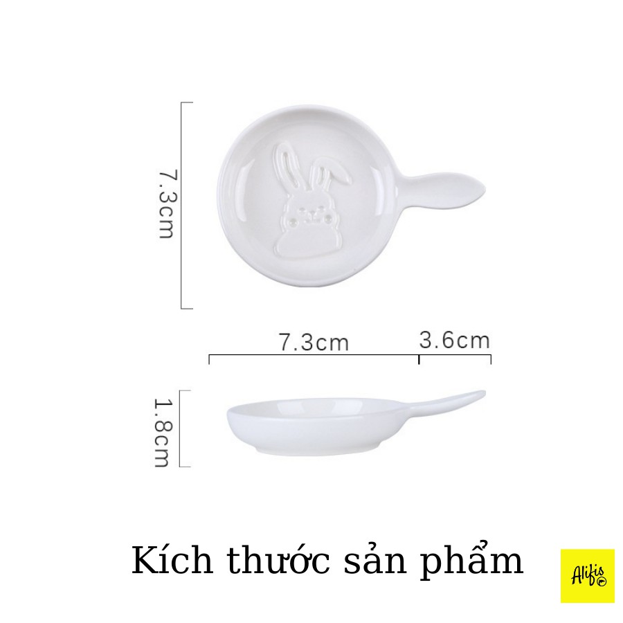 Bát gia vị, bát nước chấm bằng sứ màu trắng có tay cầm - in nổi hình động vật xinh xắn – sẵn hình thỏ, khỉ, gấu, sóc