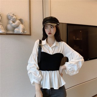 Áo Kiểu Nữ Sơ Mi Lụa Phối Len Ulzzang