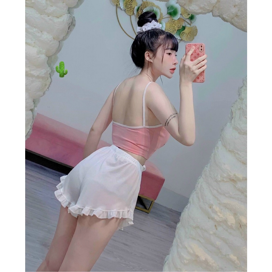 Sét Bộ Thể Thao Áo Hai Dây Kết Hợp Quần Thun Ngắn In Chữ Kitty Đáng Yêu TTPK0322