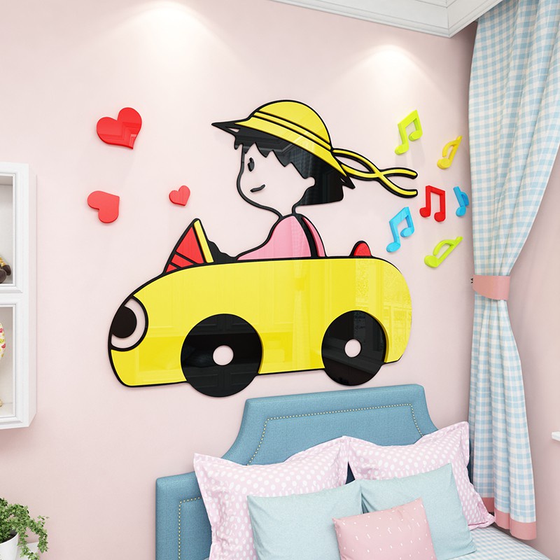 Tranh dán tường mica 3d decor khổ lớn cô bé maruko lái xe trang trí mầm non, phòng cho bé Nhiều Size - EPeBen