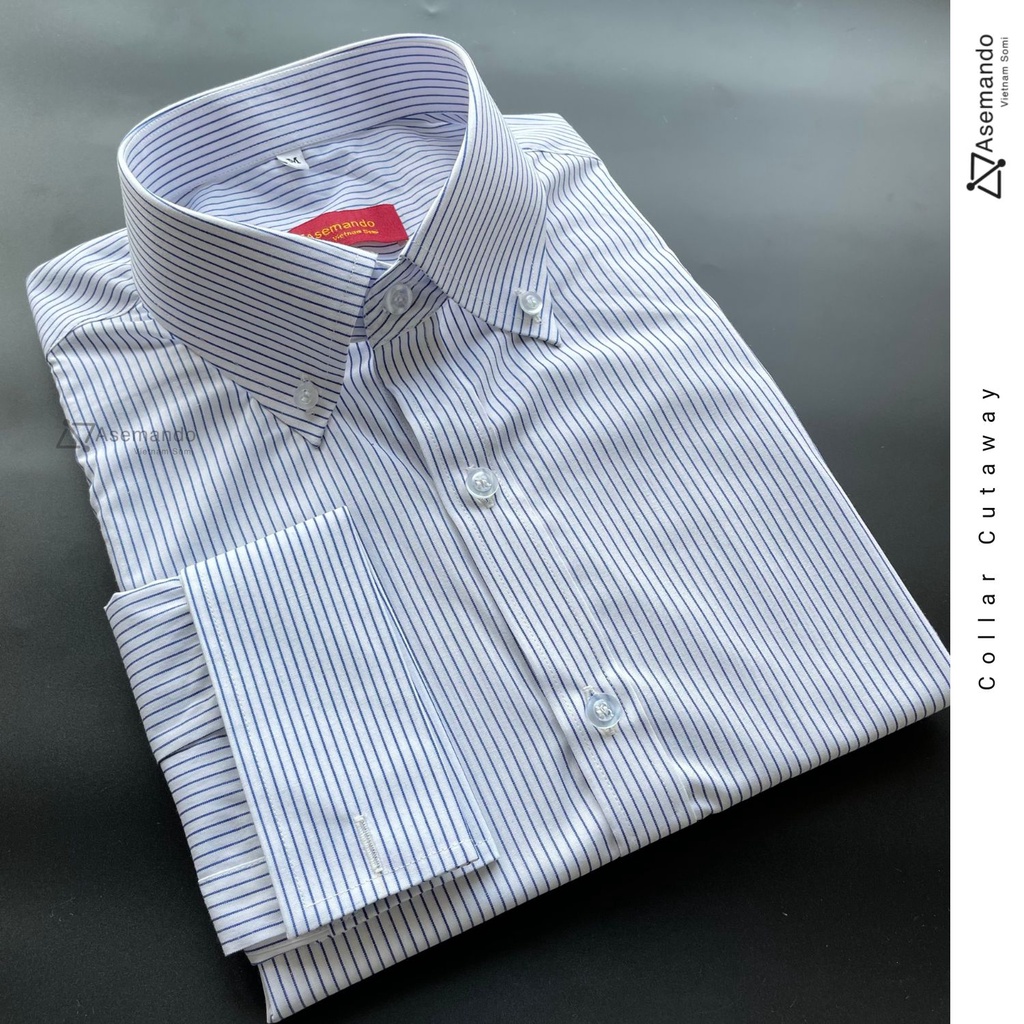 Sơ mi nam tay Cufflink cổ Buttondown sọc xanh nhạt dài tay Asemando không nhăn Sơ mi cổ điển chuẩn Sartorial